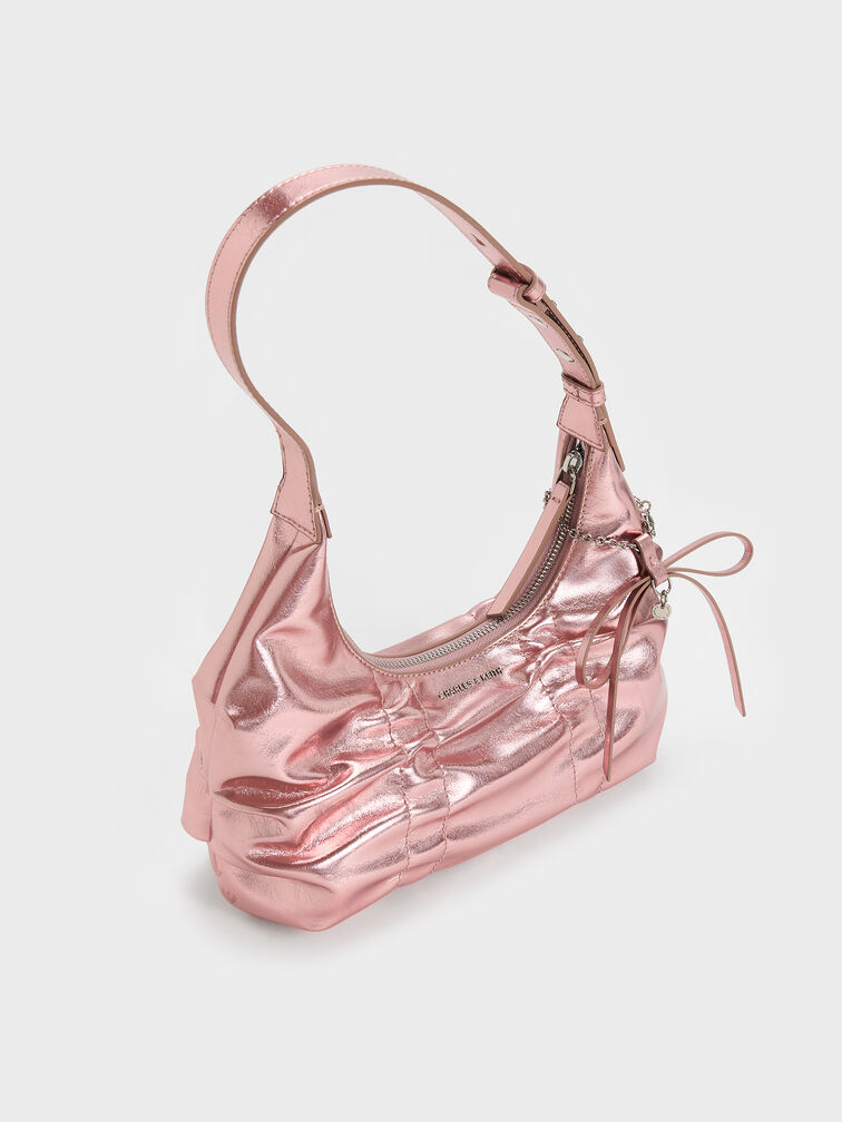 Kadee Metallic Ruched Bow-Charm Hobo Bag, Aura Pink, hi-res