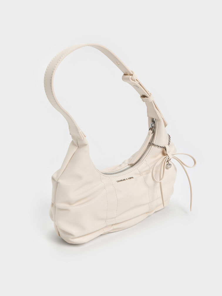 Kadee Ruched Bow-Charm Hobo Bag, Cream, hi-res