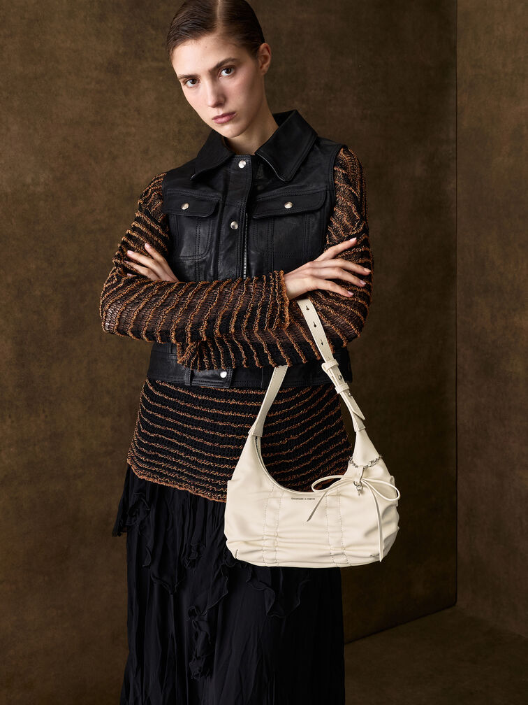 Kadee Ruched Bow-Charm Hobo Bag, Cream, hi-res