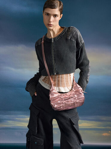 Kadee Metallic Ruched Bow-Charm Hobo Bag, Aura Pink, hi-res