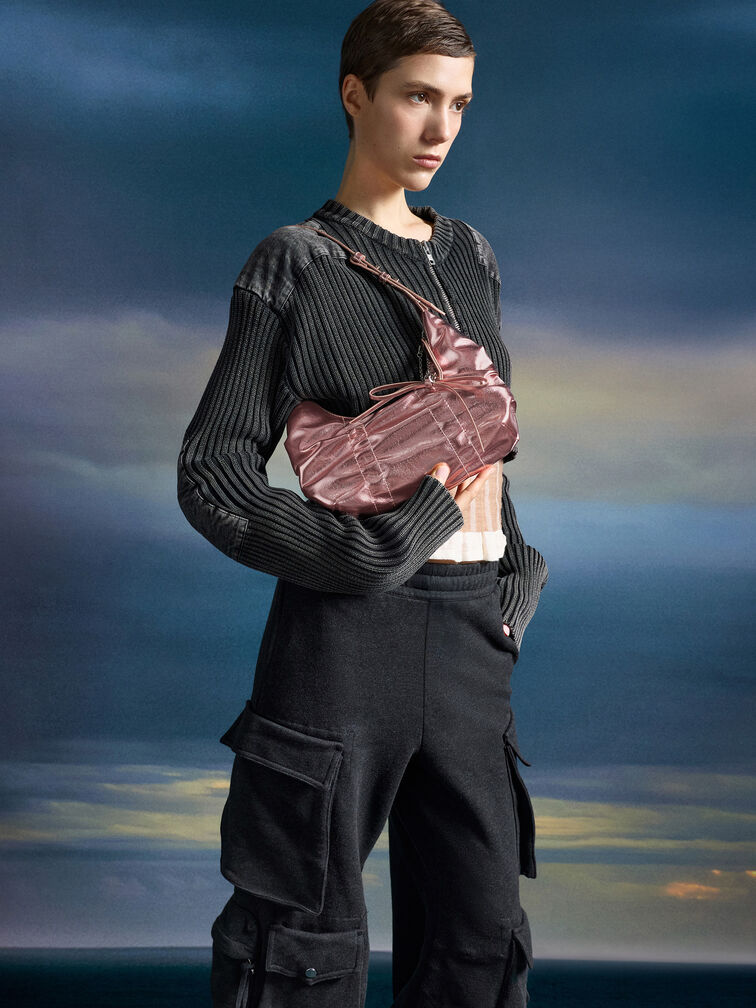 Kadee Metallic Ruched Bow-Charm Hobo Bag, Aura Pink, hi-res