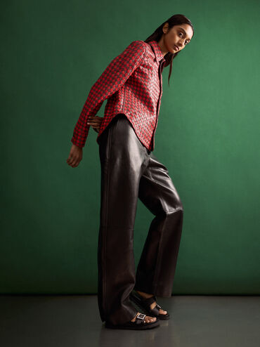 Recycled Polyester Gem-Buckle Double-Strap Sandals, Black Textured, hi-res