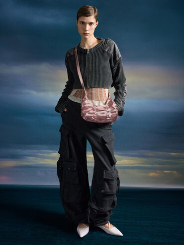 Kadee Metallic Ruched Bow-Charm Hobo Bag, Aura Pink, hi-res