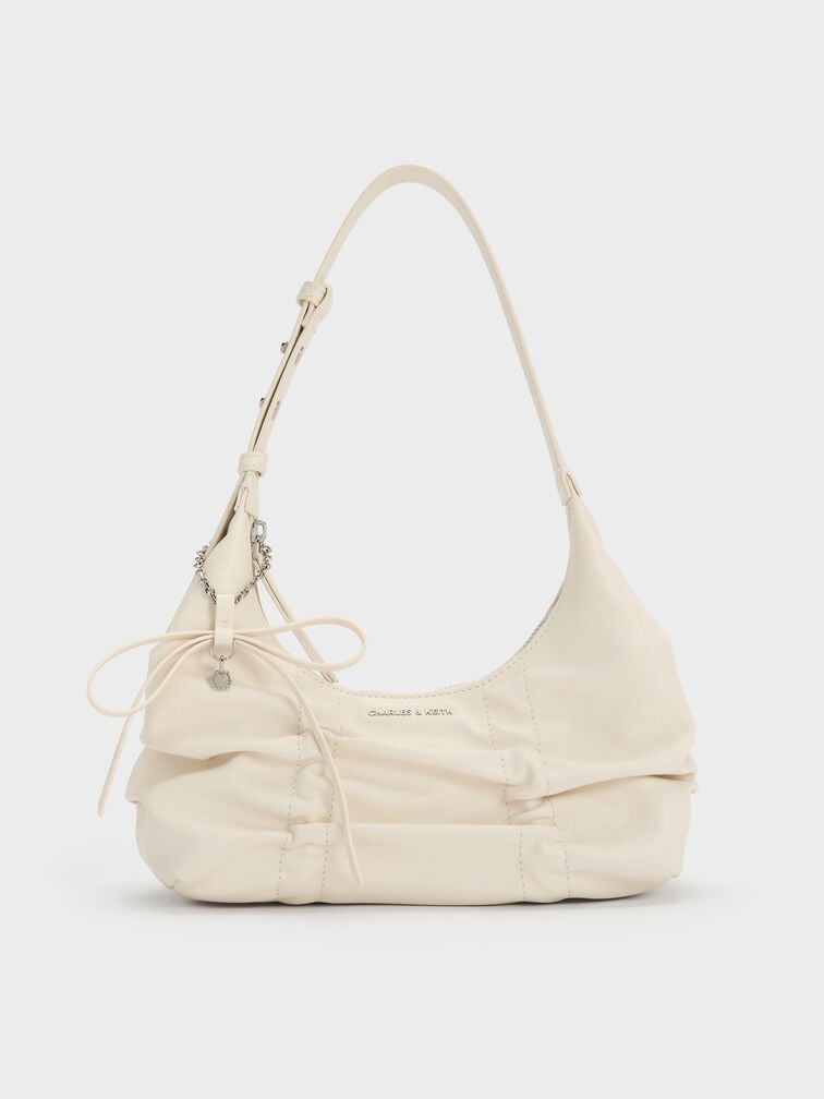 Kadee Ruched Bow-Charm Hobo Bag, Cream, hi-res