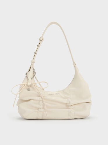 Kadee Ruched Bow-Charm Hobo Bag, Cream, hi-res