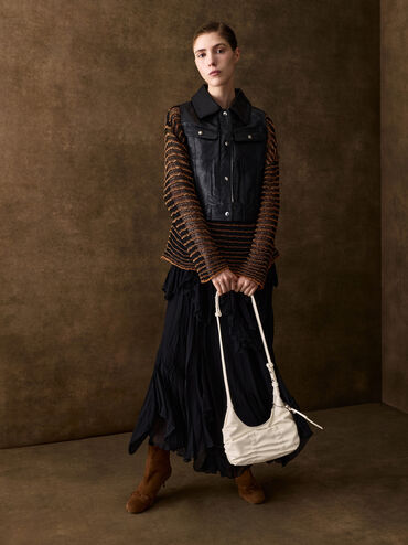 Kadee Ruched Bow-Charm Hobo Bag, Cream, hi-res