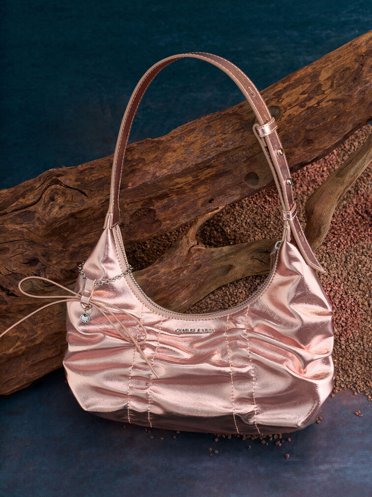 Kadee Metallic Ruched Bow-Charm Hobo Bag, Aura Pink, hi-res