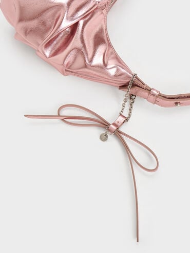 Kadee Metallic Ruched Bow-Charm Hobo Bag, Aura Pink, hi-res