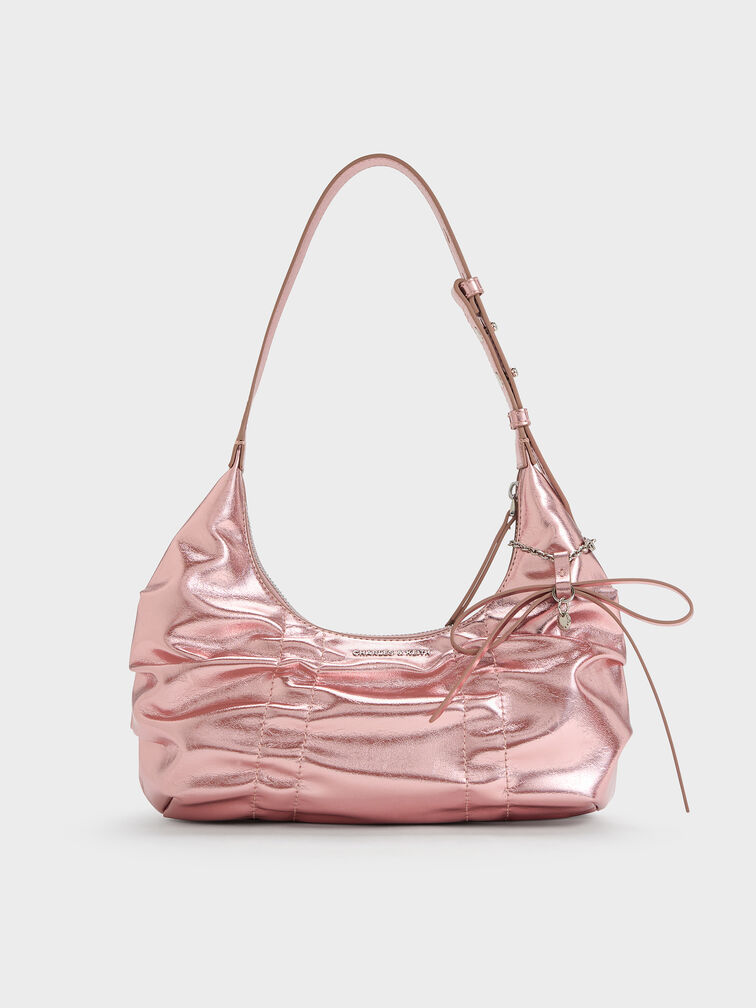 Kadee Metallic Ruched Bow-Charm Hobo Bag, Aura Pink, hi-res