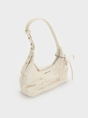 Kadee Ruched Bow-Charm Hobo Bag, Cream, hi-res