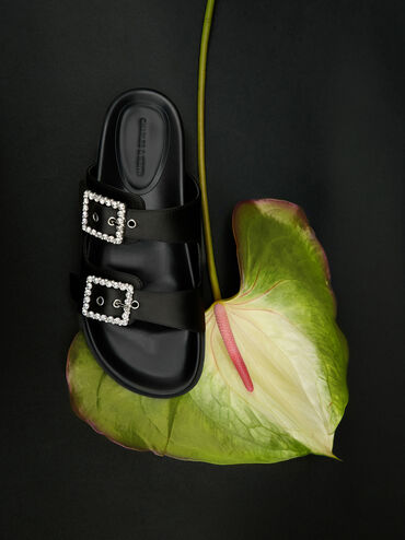 Recycled Polyester Gem-Buckle Double-Strap Sandals, Black Textured, hi-res
