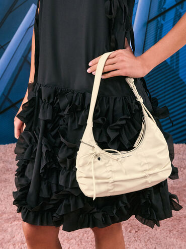 Kadee Ruched Bow-Charm Hobo Bag, Cream, hi-res