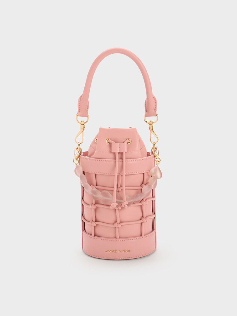 Heart Motif Caged Bucket Bag, Pink, hi-res