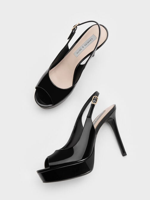Giày sandals cao gót Patent Platform Slingback, Black Patent, hi-res