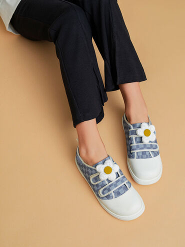 Giày sneakers bé gái Flower-Embellished Denim Check-Print, Xanh dương, hi-res
