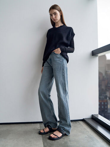 Dép quai ngang Braided-Strap Flatform, Đen, hi-res