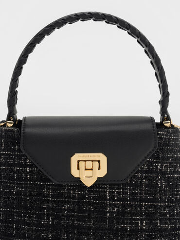 Arwen Tweed Quilted Braided-Strap Top Handle Bag, Black Tweed, hi-res