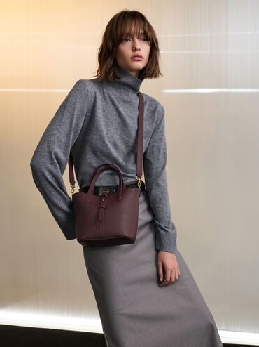 Beryl Recycled Leather Double-Handle Belted Bucket Bag, Wineberry Red, hi-res