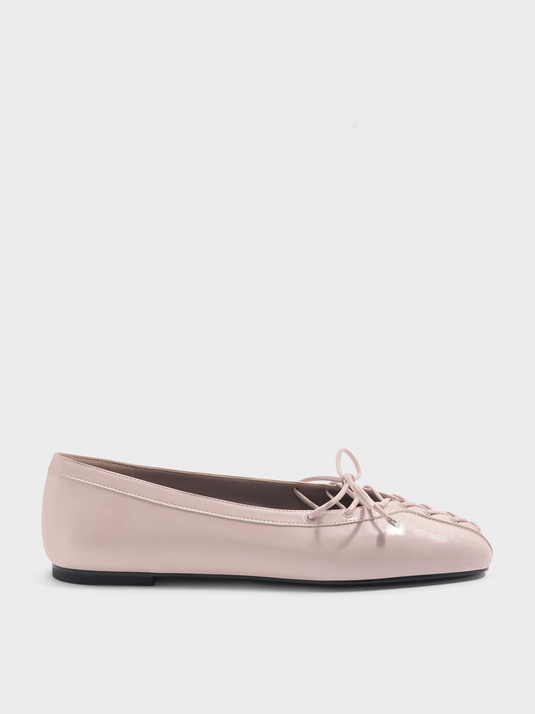 Lace-Up Bow Ballet Flats, Light Pink, hi-res