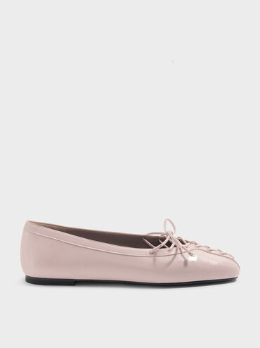 Lace-Up Bow Ballet Flats, Light Pink, hi-res