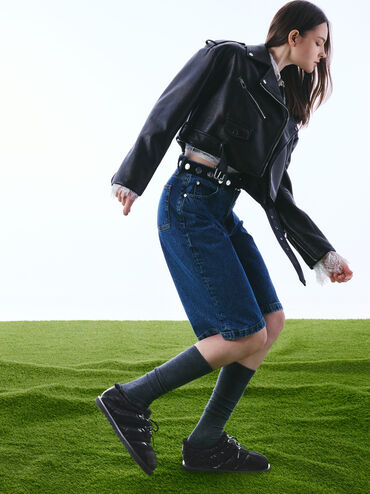 Giày mules mũi tròn Egan Nylon Puffy, Đen họa tiết, hi-res