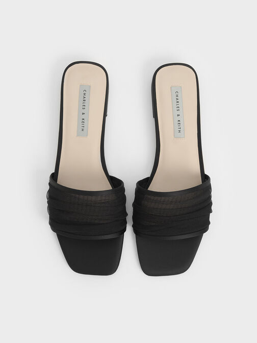 Recycled Polyester & Chiffon Ruched Slides, Black Textured, hi-res