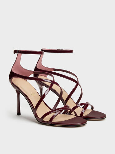Patent Leather Strappy Stiletto Sandals, Burgundy, hi-res