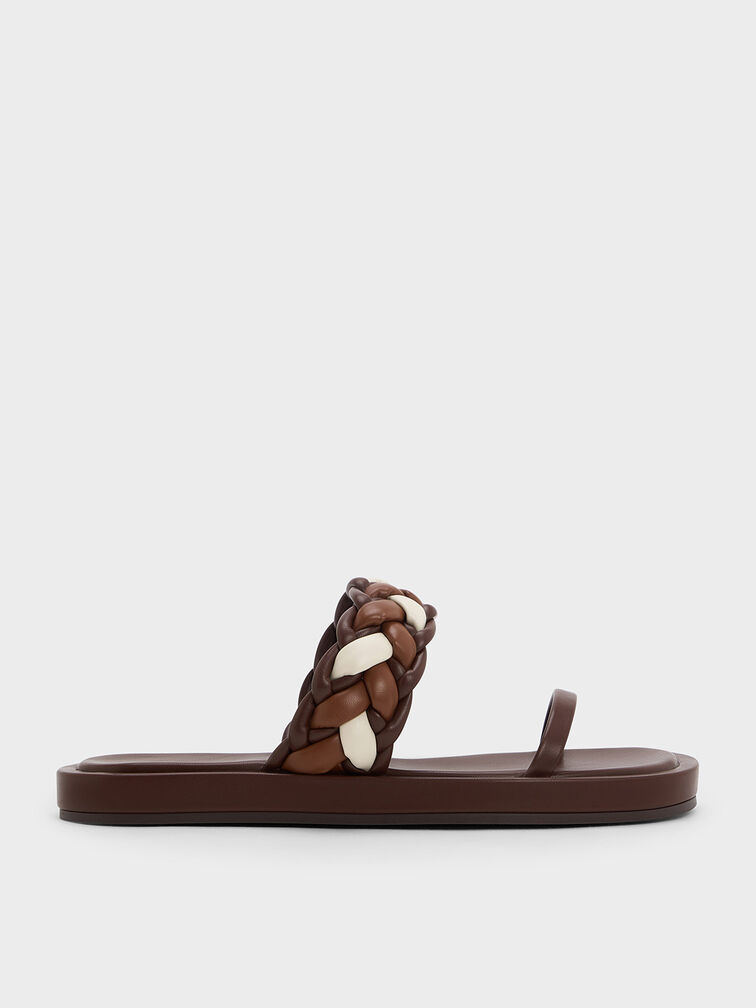 Braided-Strap Flatform Sandals, Brown, hi-res