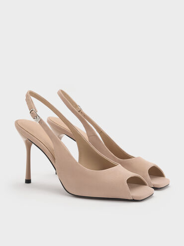 Kyra Suede Peep-Toe Slingback Heels, Taupe, hi-res