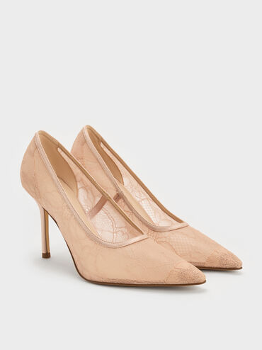 Lace & Satin Stiletto Pumps, Nude, hi-res