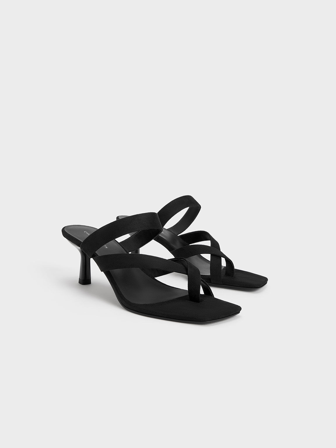 Textured Asymmetric Toe Ring Heeled Sandals, Black, hi-res
