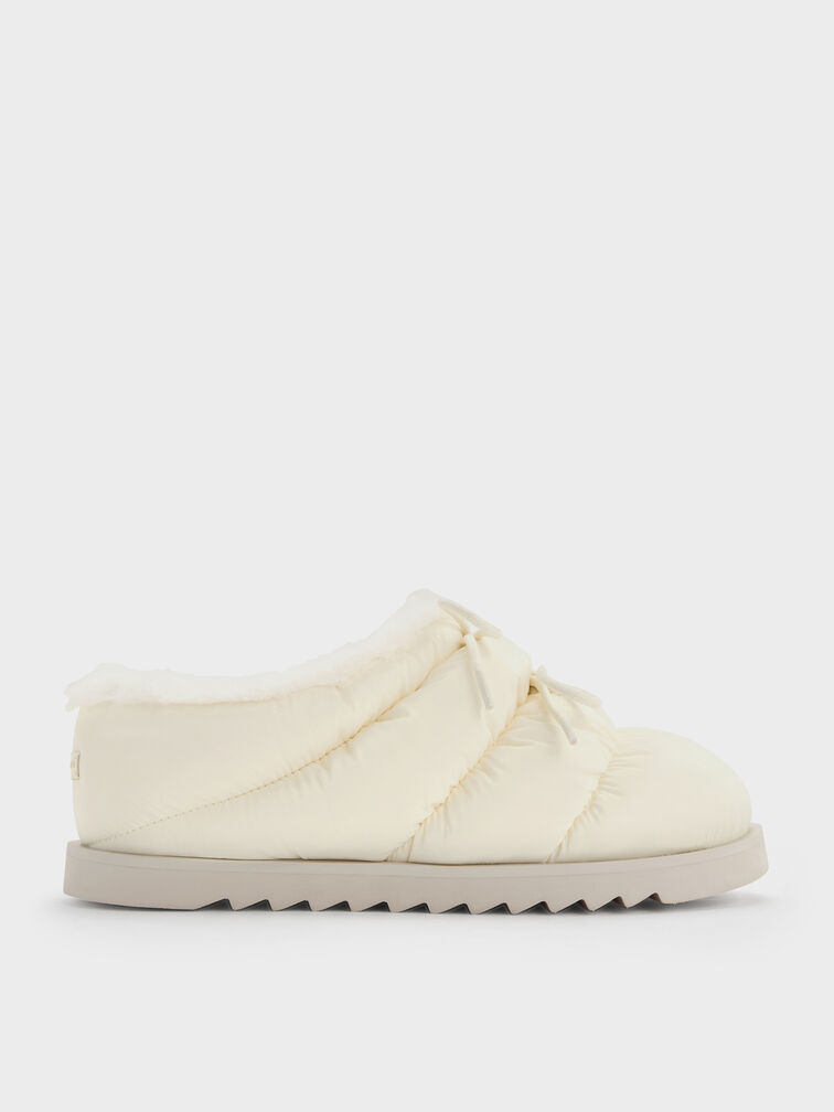 Egan Nylon Puffy Panelled Lace-Tie Mules, Chalk, hi-res