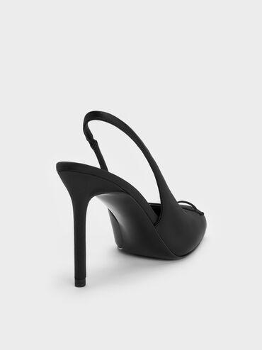Satin Ruched Stiletto Slingback Pumps, Black Textured, hi-res