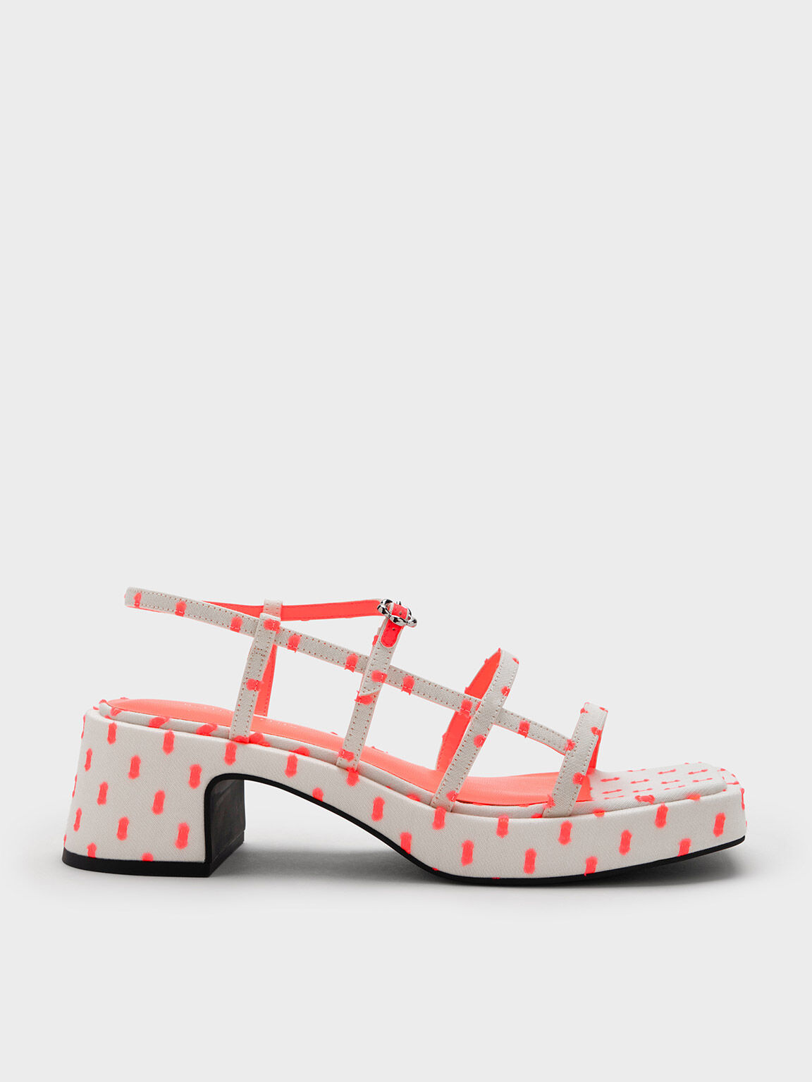 Flower-Buckle Printed Strappy Sandals, Coral Pink, hi-res