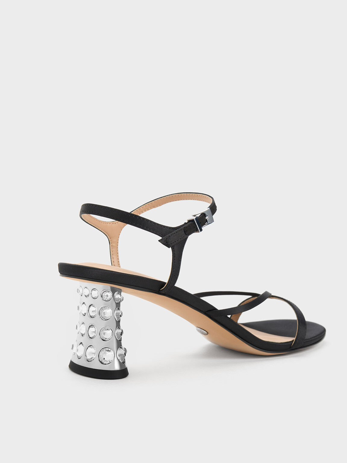 Giày sandals cao gót Gem-Embellished Strappy, Đen, hi-res