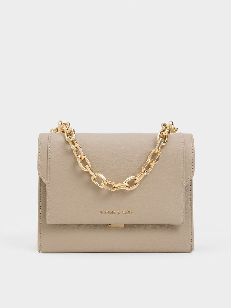 Front Flap Chain Handle Crossbody Bag, Taupe, hi-res