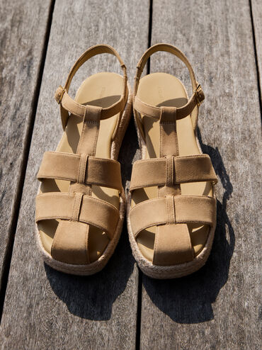 Faux Suede Caged Flatform Espadrille Sandals, Sand, hi-res