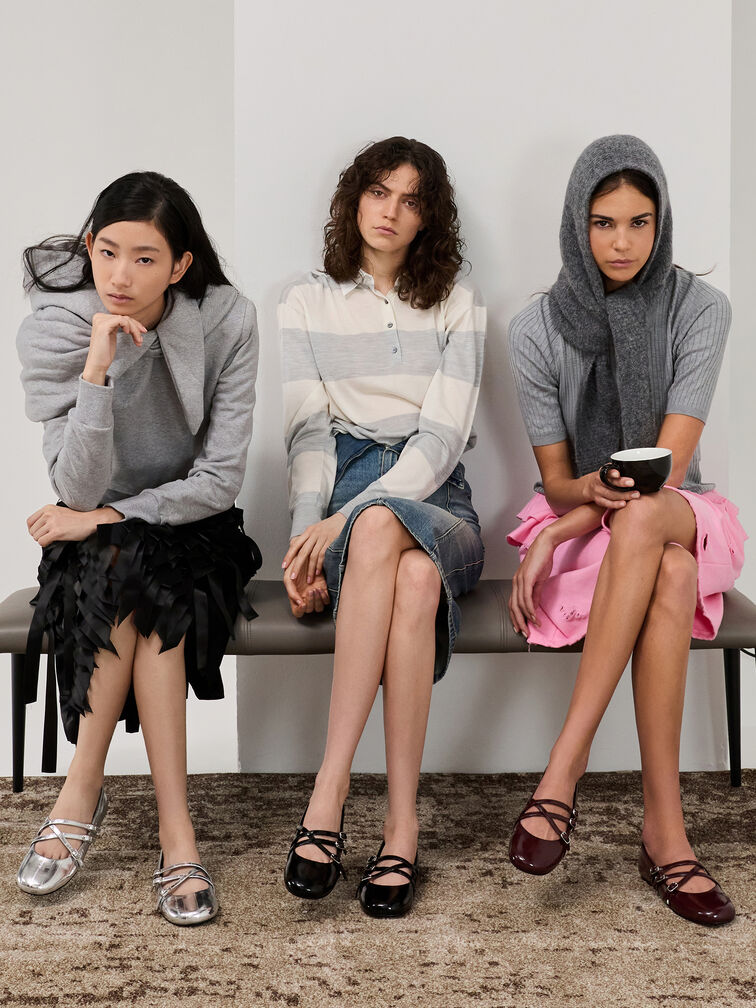 Patent Triple-Strap Crossover Mary Jane Flats, Burgundy, hi-res