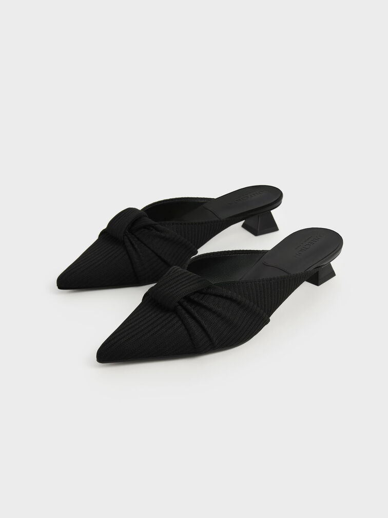 Giày mules cao gót mũi nhọn Recycled Polyester Ruched Knotted, Đen, hi-res