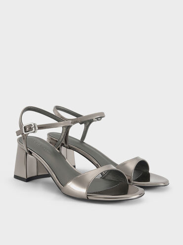 Metallic Ankle-Strap Block-Heel Sandals, Pewter, hi-res