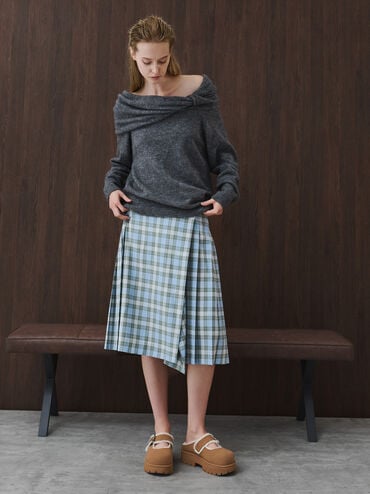 Bergen Textured Fur-Trim Buckled Platform Mules, Brown, hi-res