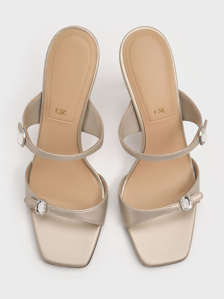 Pearlescent Leather Gem-Buckle Double-Strap Heeled Sandals, Ivory, hi-res
