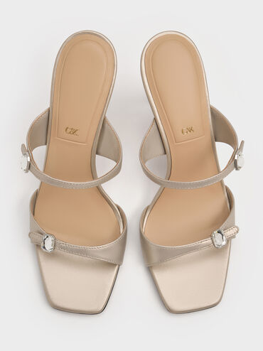 Pearlescent Leather Gem-Buckle Double-Strap Heeled Sandals, Ivory, hi-res