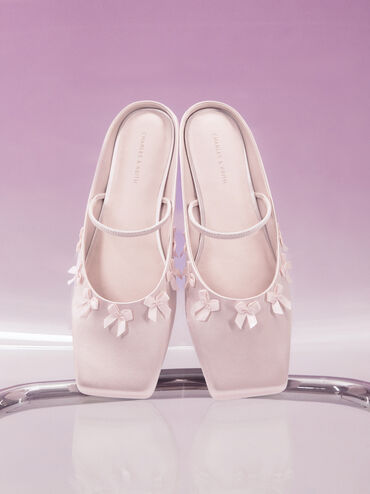 Satin Bow Square-Toe Mules, Blush, hi-res