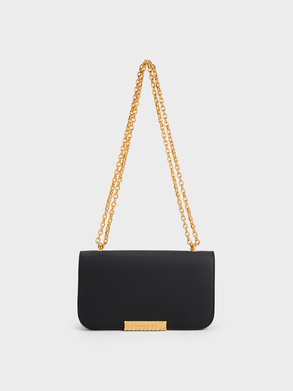 Túi đeo vai phom chữ nhật Leather Chain Strap, Đen, hi-res