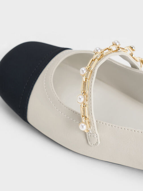 Giày búp bê mũi vuông Beaded Chain-Link Slingback, Phấn, hi-res