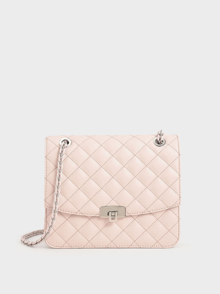 Quilted Chain Strap Clutch, Light Pink, hi-res