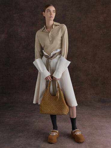 Bergen Textured Fur-Trim Buckled Platform Mules, Brown, hi-res