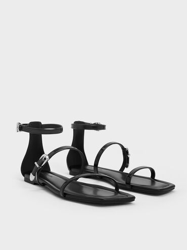 Giày sandals quai ngang Square-Toe Buckled Triple-Strap, Đen bóng nhám, hi-res