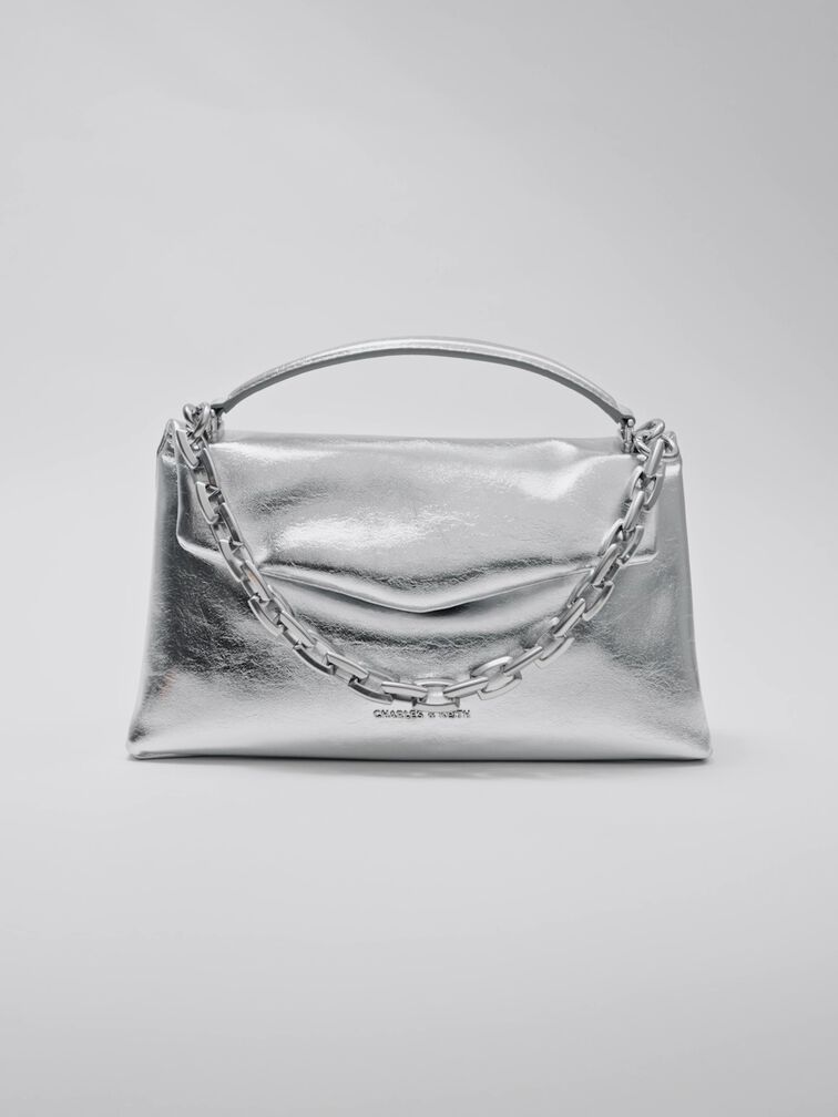 Andromeda Metallic Chunky-Chain Top Handle Bag, Silver, hi-res